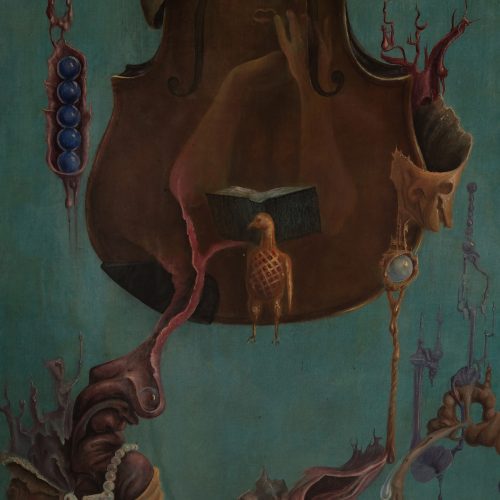 SCHEUER, 1970 Surrealistische Komposition Öl auf Holz, lackiert